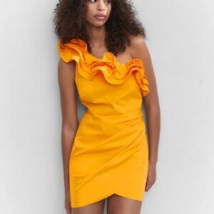 Mango MNG One-Shoulder Ruffle Mini Dress in Bright Orange
